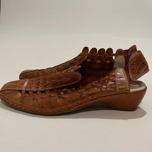 PIKOLINOS Romana Tan Leather Sling-Back Woven Slingback Wedge